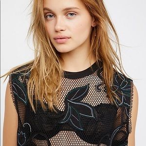 Free People Black Meshed Floral Tank Tee